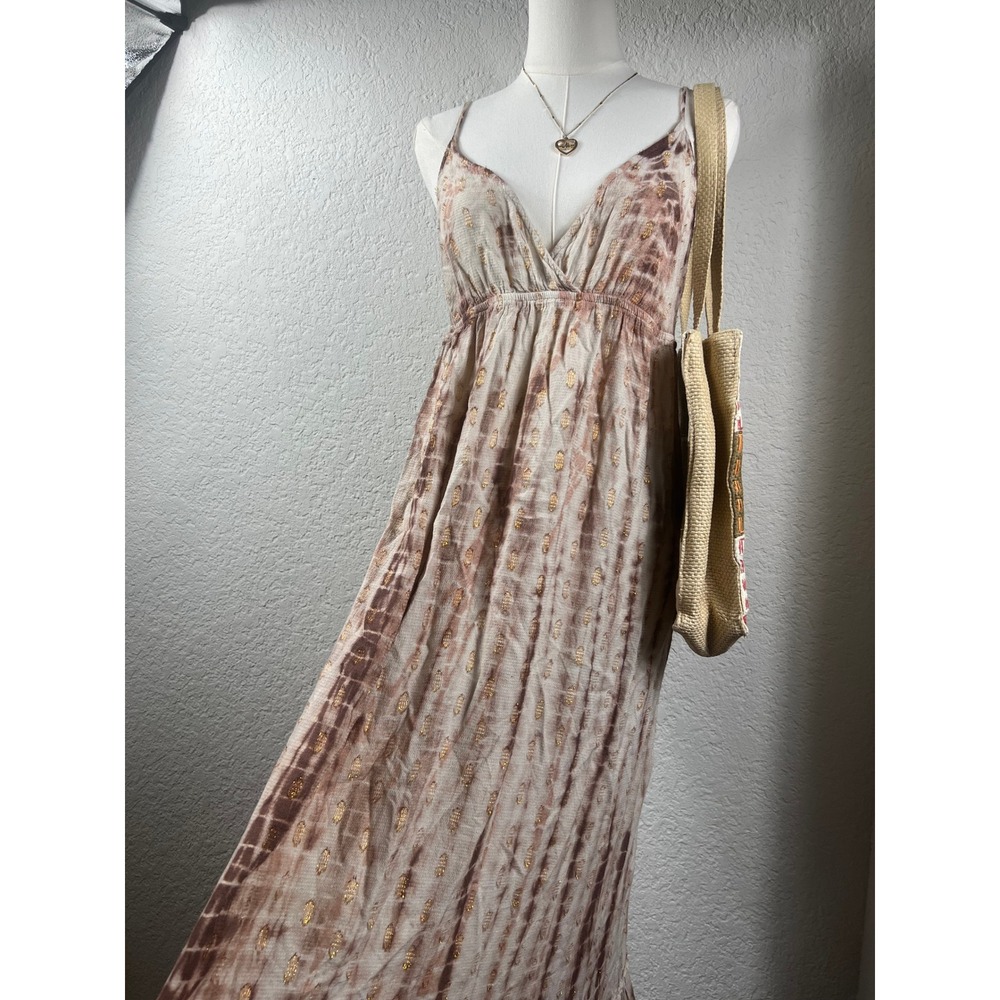 Lovestitch Metallic-Speckled Tie-Dye Maxi Dress Boho Crinkle Gauze Resort Wear